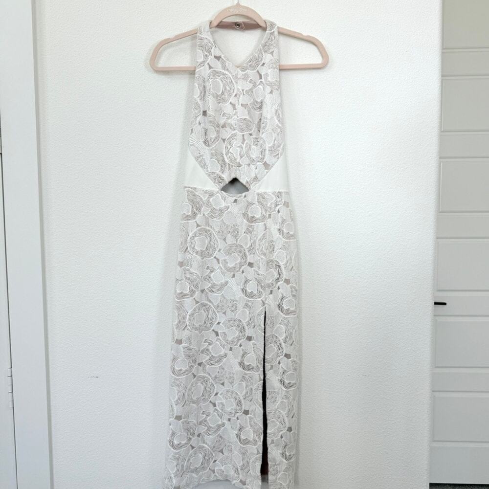 MANNING CARTEL White Nude Mesh Embroidered Midi Dress Cotton Lined Formal S
